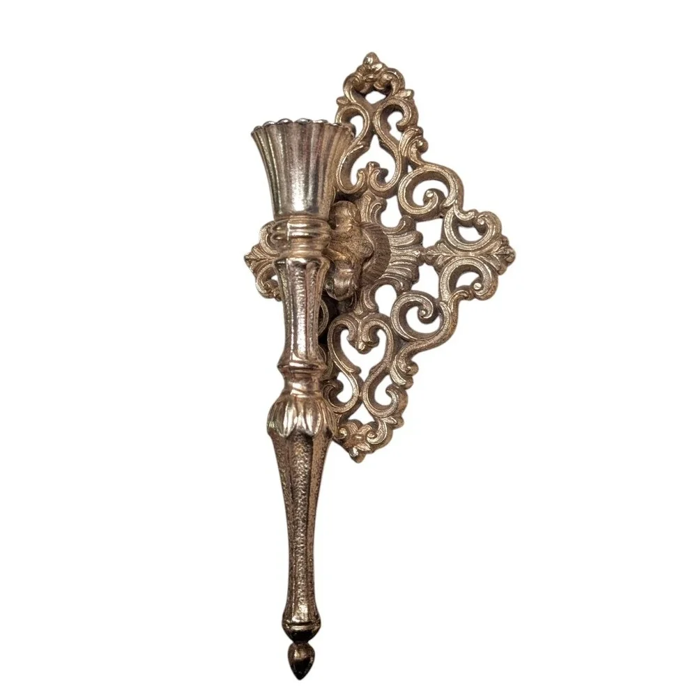 Vintage Ornate Brass Tone Metal Wall Sconce Rococo Filigree Candle Holder